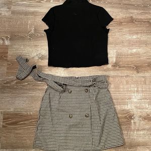 Mock-NeckTextured Knit Cropped Top with Double Button Belted Gingham Skirt Set